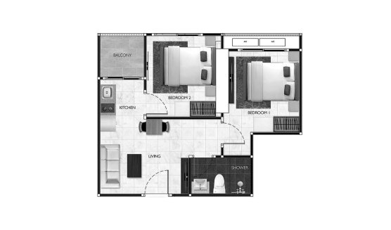 Apartment floor plan, 2 bedrooms in Arcadia Millennium Tower No. 11007 (2D)